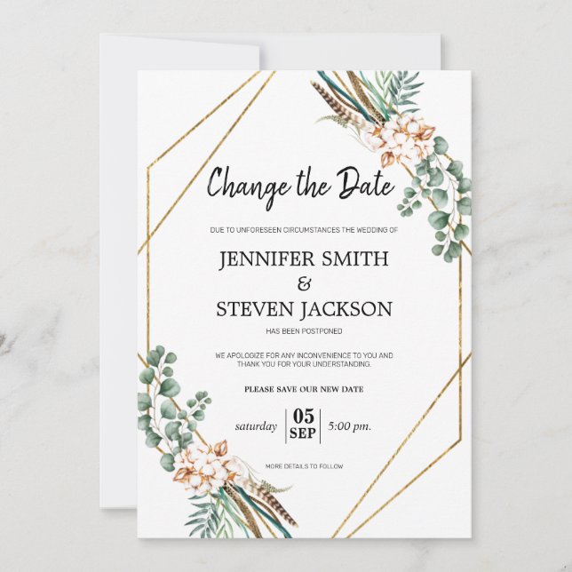 Invitation Cadre Boho Pailleté de Verdure Changer la Date (Devant)