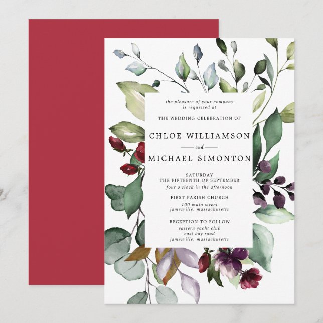 Invitation Cadre botanique Indice de Mariage de feuillage d'a (Devant / Derrière)