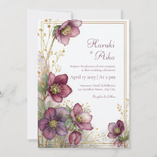 Invitation Cadre botanique Prune Hellebore Or Pailleté