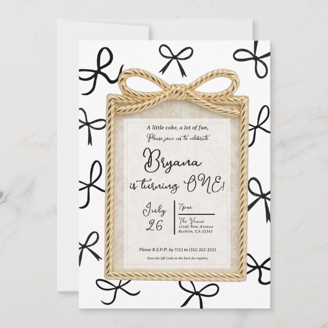 Invitation Cadre Bow Or Cute Black Bows Blanc 1er Anniversair (Devant)
