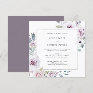Invitation Cadre carré de mariage floral violet et argenté