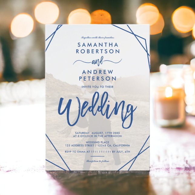 Invitation Cadre chic bleu boho simple script photo mariage (Chic blue boho frame simple photo script wedding invitation)