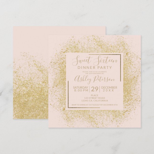 Invitation Cadre chic parties scintillant or chic rose vif do (Devant / Derrière)