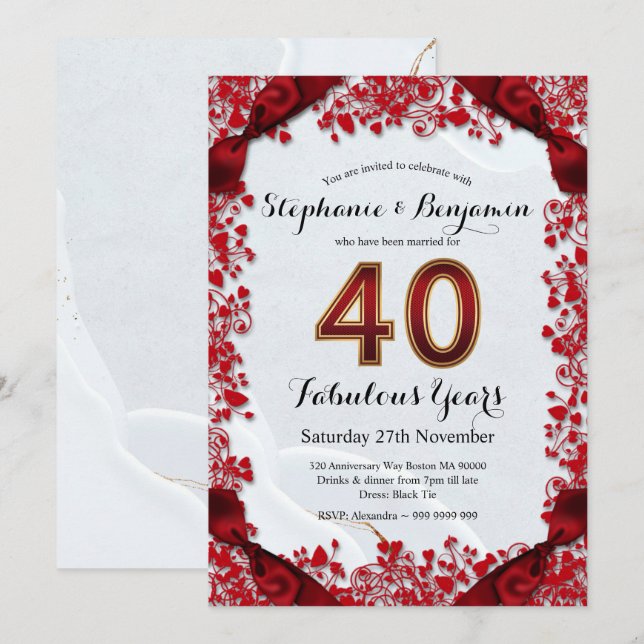 Invitation Cadre chic rubis élégant pour les 40 ans de mariag (Devant / Derrière)
