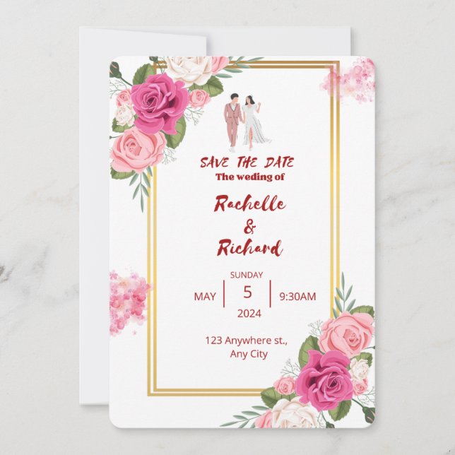 Invitation cadre classique or rose mariage floral (Devant)