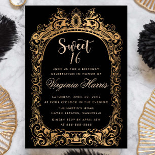 Invitation Cadre classique Or Sweet sixteen noir 16 Anniversa