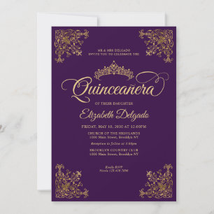 Invitation Cadre classique violet violet or Tiara Quinceanera