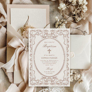 Invitation Cadre Coquette Taupe Neutre Fantaisiste Baptême