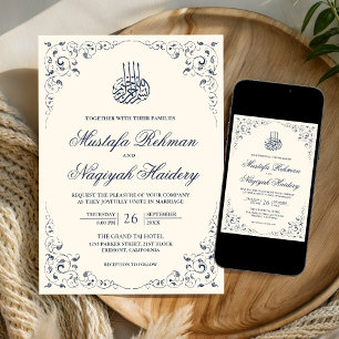 Invitation Cadre Crème à Tourbillon Rustique Bleu Marine Mari