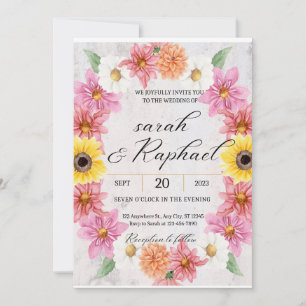 Invitation Cadre Dahlia rose mariage aquarelle