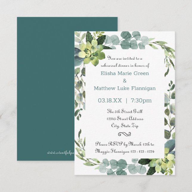 Invitation Cadre de bouquet Turquoise - Dîner de répétition 3 (Devant / Derrière)