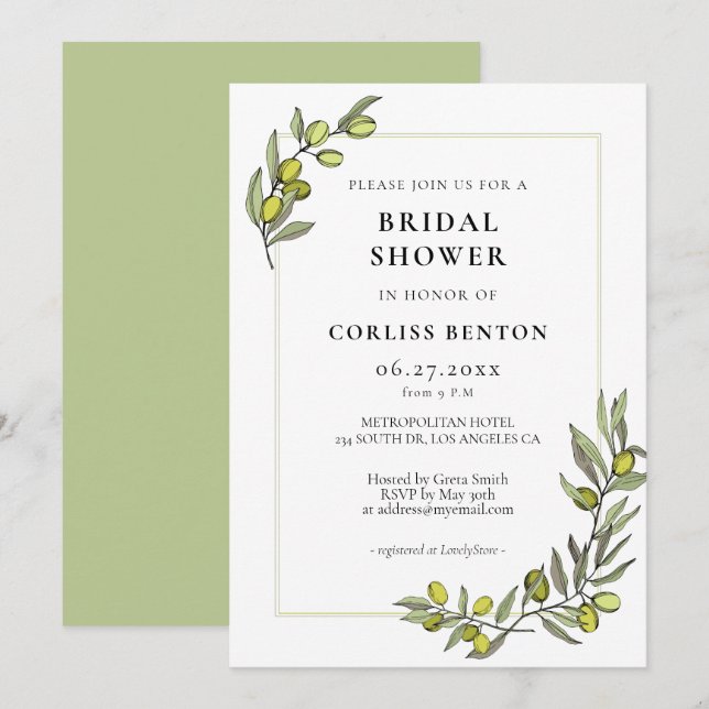 Invitation Cadre de branches d'olivier Douche nuptiale (Devant / Derrière)