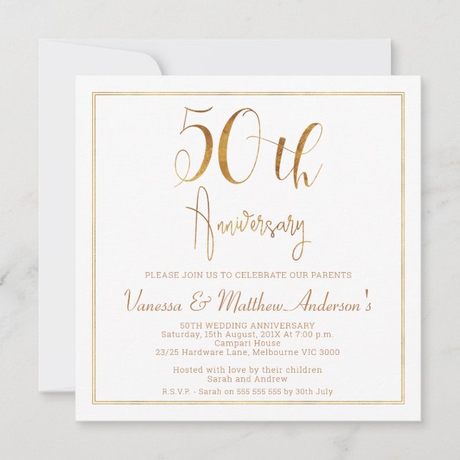 Invitation Cadre de calligraphie or Faux 50e anniversaire (Devant)