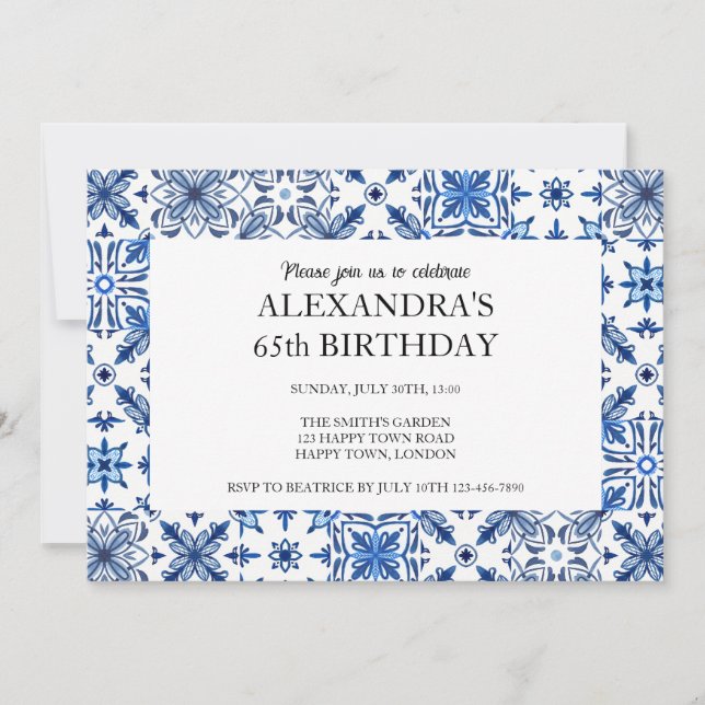 Invitation Cadre de carreaux méditerranéens pour fête d'anniv (Devant)