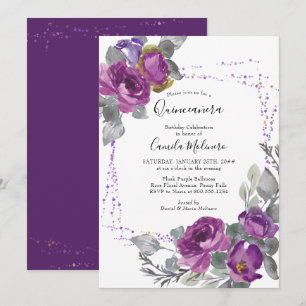 Invitation Cadre de confettis Rose Pourpre Floral Quinceanera