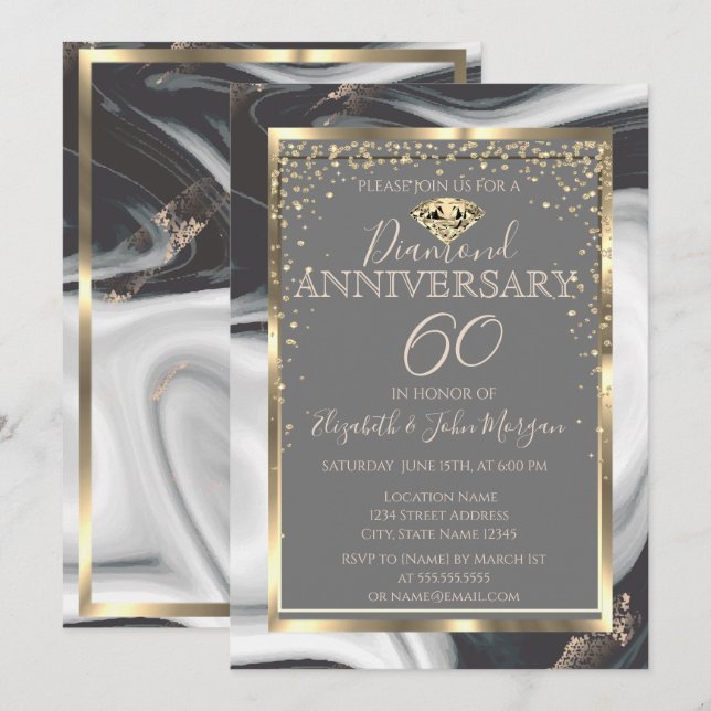Invitation Cadre de diamants en or Mariage Anniversaire de ma (Devant / Derrière)