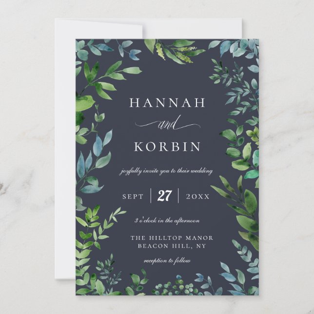 Invitation Cadre de feuillage forestier | Mariage bleu marine (Devant)
