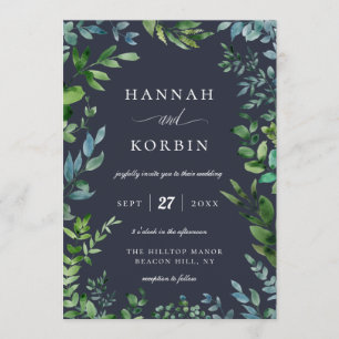 Invitation Cadre de feuillage forestier   Mariage bleu marine
