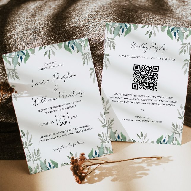 Invitation Cadre de feuilles de verdure Code QR RSVP Mariage (Créateur téléchargé)