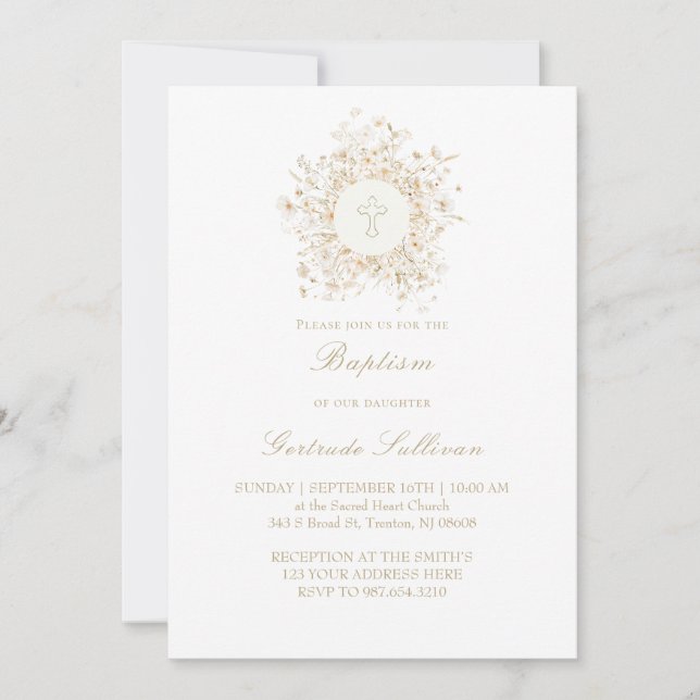 Invitation cadre de fleurs blanches Baptême (Devant)