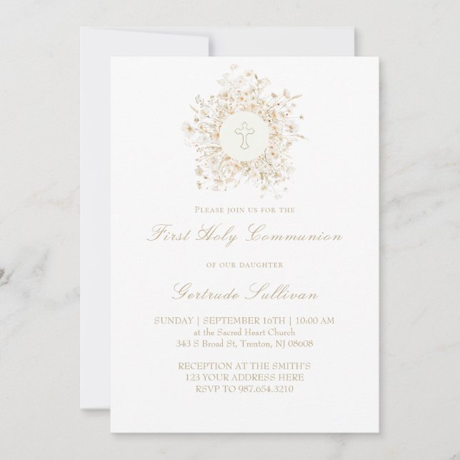 Invitation cadre de fleurs blanches Première sainte communion (Devant)