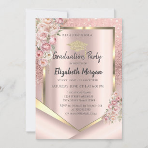 Invitation Cadre de fleurs roses paillettes or rose pour la r