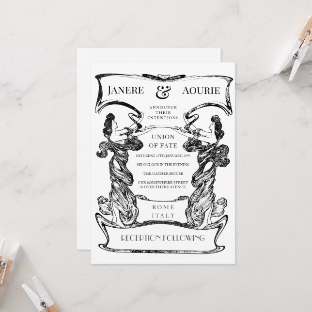 Invitation Cadre de forme féminine Art Nouveau Déco (Devant/Arrière en situation)