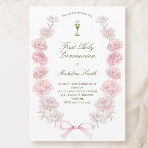 Invitation cadre de la première communion délicate pivoines