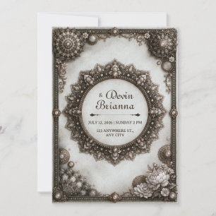 Invitation Cadre de mandala orné d'argent antique pour mariag
