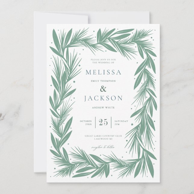 Invitation Cadre de Mariage de couronne d'hiver moderne vert (Devant)