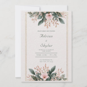 Invitation Cadre de mariage doré à fleurs rose pâle délicat