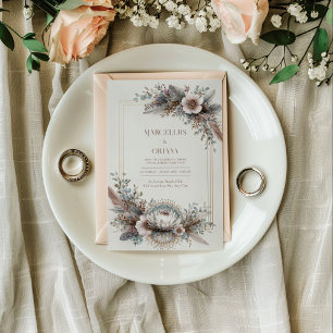 Invitation Cadre de mariage doré rose poussiéreux à plumes Bo