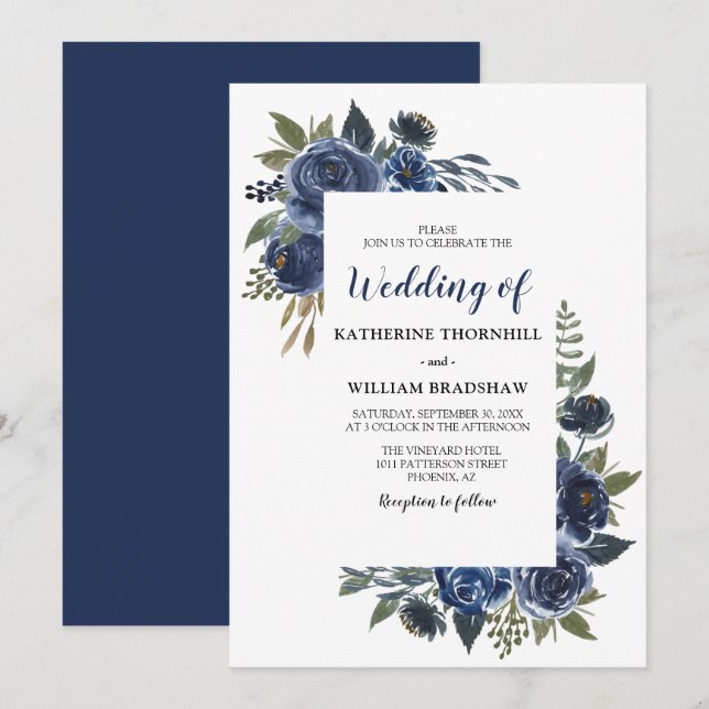 Invitation Cadre de mariage floral bleu élégant (Devant / Derrière)