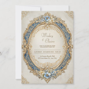 Invitation Cadre de mariage ovale orné baroque or bleu royal