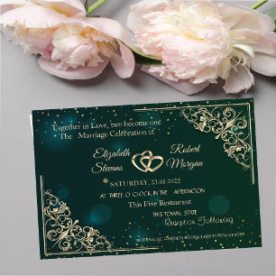 Invitation Cadre de mariage vert cœurs or élégant 