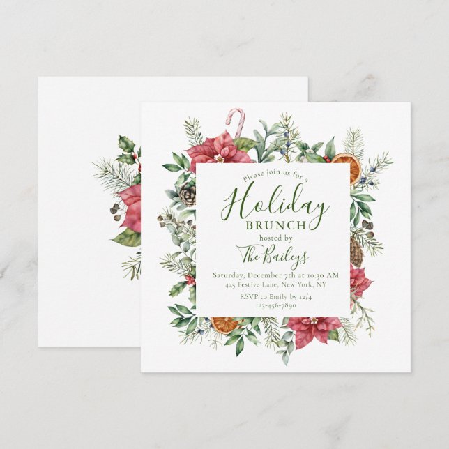 Invitation Cadre de Noël Floral | Brunch de vacances (Devant / Derrière)