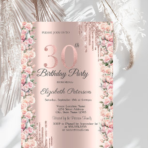 Invitation Cadre de roses gouttes d'or rose 30e anniversaire 