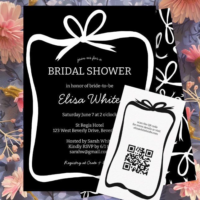 Invitation Cadre de ruban Bow Elegant Fête des mariées PERSON (Bow Ribbon Frame Elegant Bridal Shower CUSTOM Invitation Black and White Simple Minimalist)