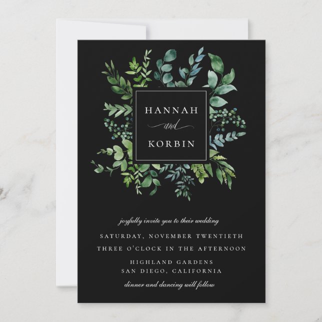 Invitation Cadre de verdure botanique Mariage noir (Devant)