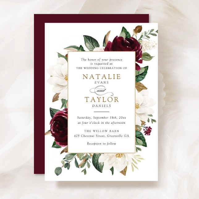 Invitation Cadre de verdure Floral Elégant Bourgogne Magnolia (Créateur téléchargé)