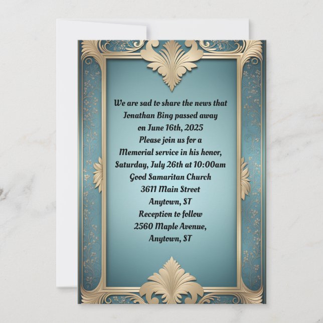 Invitation Cadre déco classique sur Mémorial bleu turquoise (Devant)