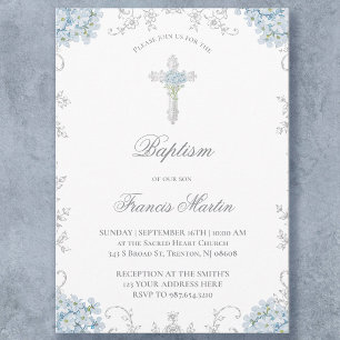 Invitation cadre délicat d'hortensia bleu Baptême garçon