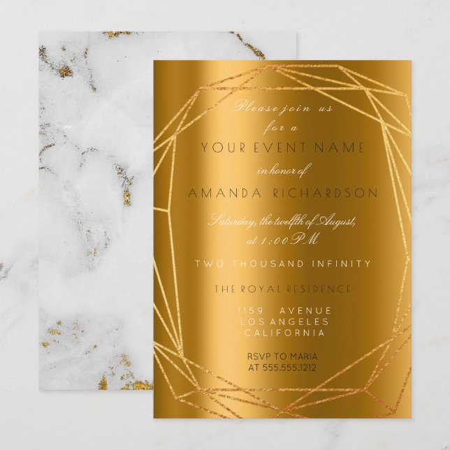 Invitation Cadre diamant anniversaire en marbre gris or (Devant / Derrière)