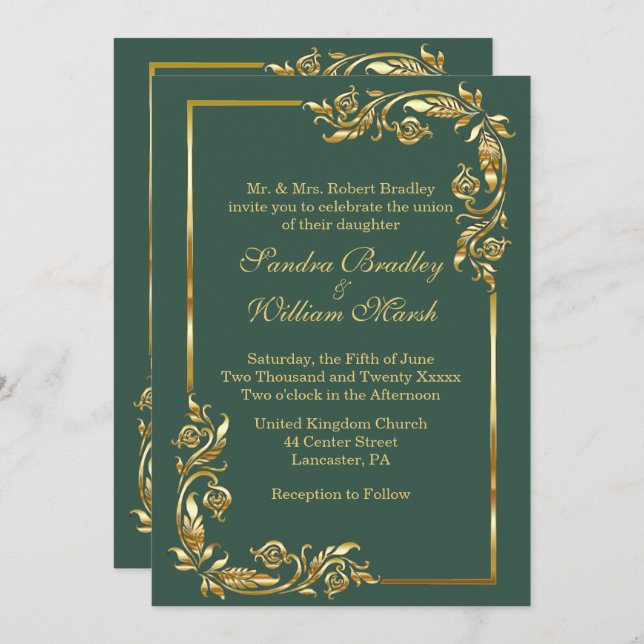 Invitation Cadre d'or Elegant Forêt Vert avec / Or Impression (Devant / Derrière)