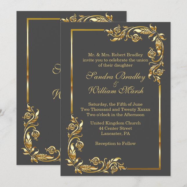 Invitation Cadre d'or Elégant Gris de Charbon avec impression (Devant / Derrière)