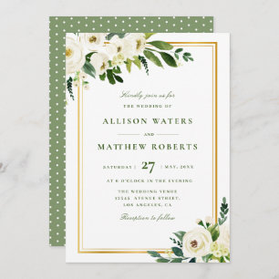Invitation cadre d'or et épouser blanc de fleurs de jardin