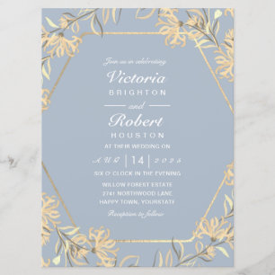 Invitation Cadre doré à fleurs bleues Dusty Mariage Invitatio