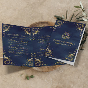 Invitation Cadre doré antique mariage islamique bleu marine