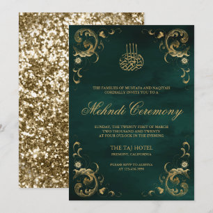 Invitation Cadre doré antique vert émeraude Mehndi islamique