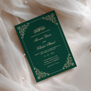 Invitation Cadre doré baroque vert émeraude Mariage musulman